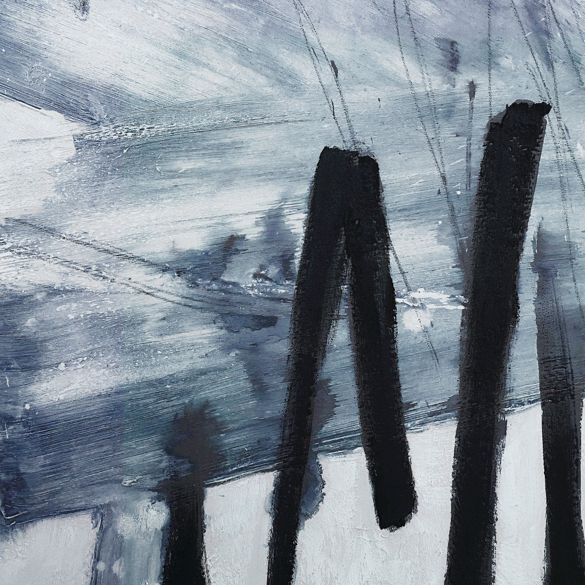 Detailed view of Senso canvas art, focusing on black lines and abstract gray brushwork.