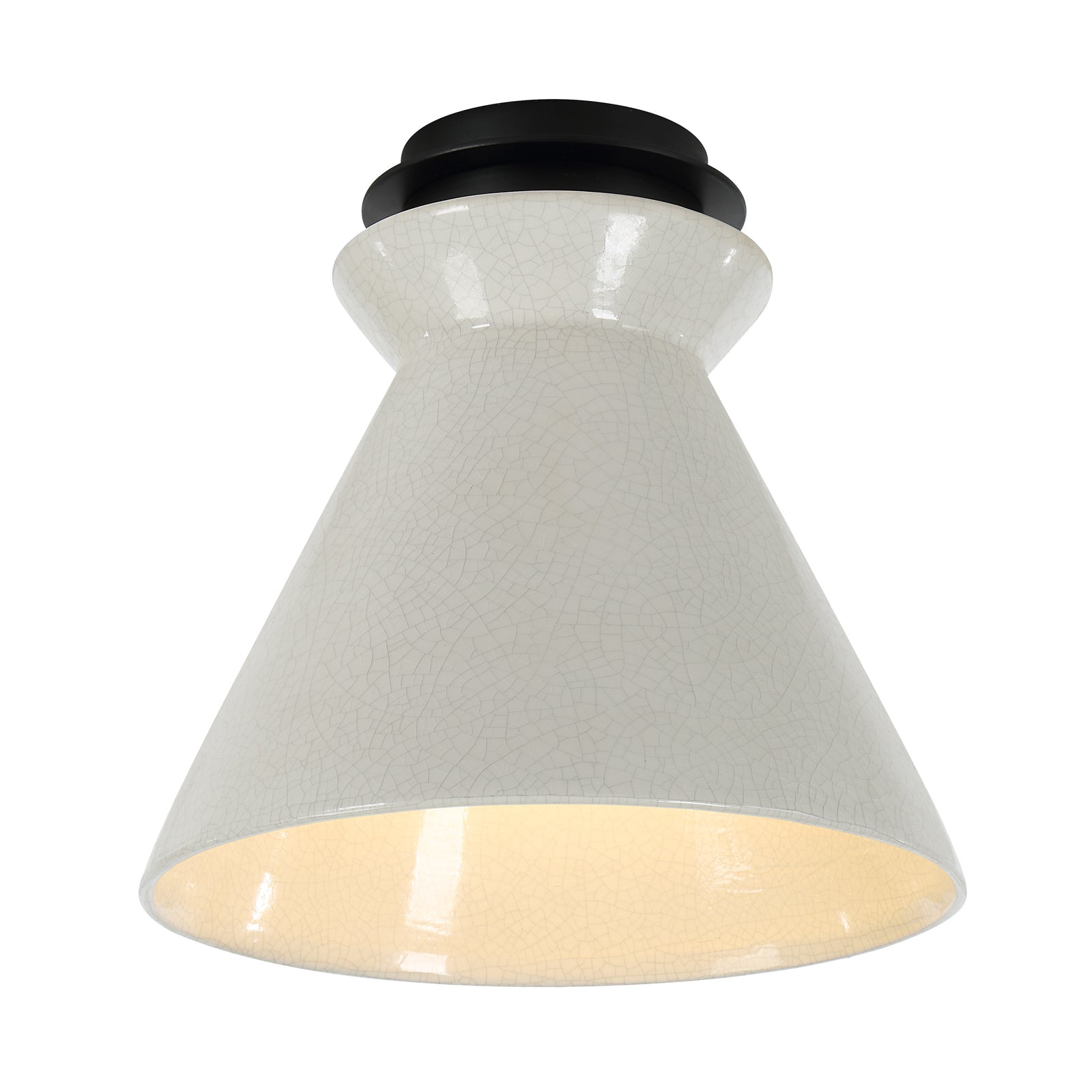 Sebastian Flush Mount light in white with a crackle finish and black base, viewed from below.