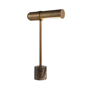 Gusle Table Lamp by Renwil featuring a bronze finish and illuminated shade, set on a marble base.