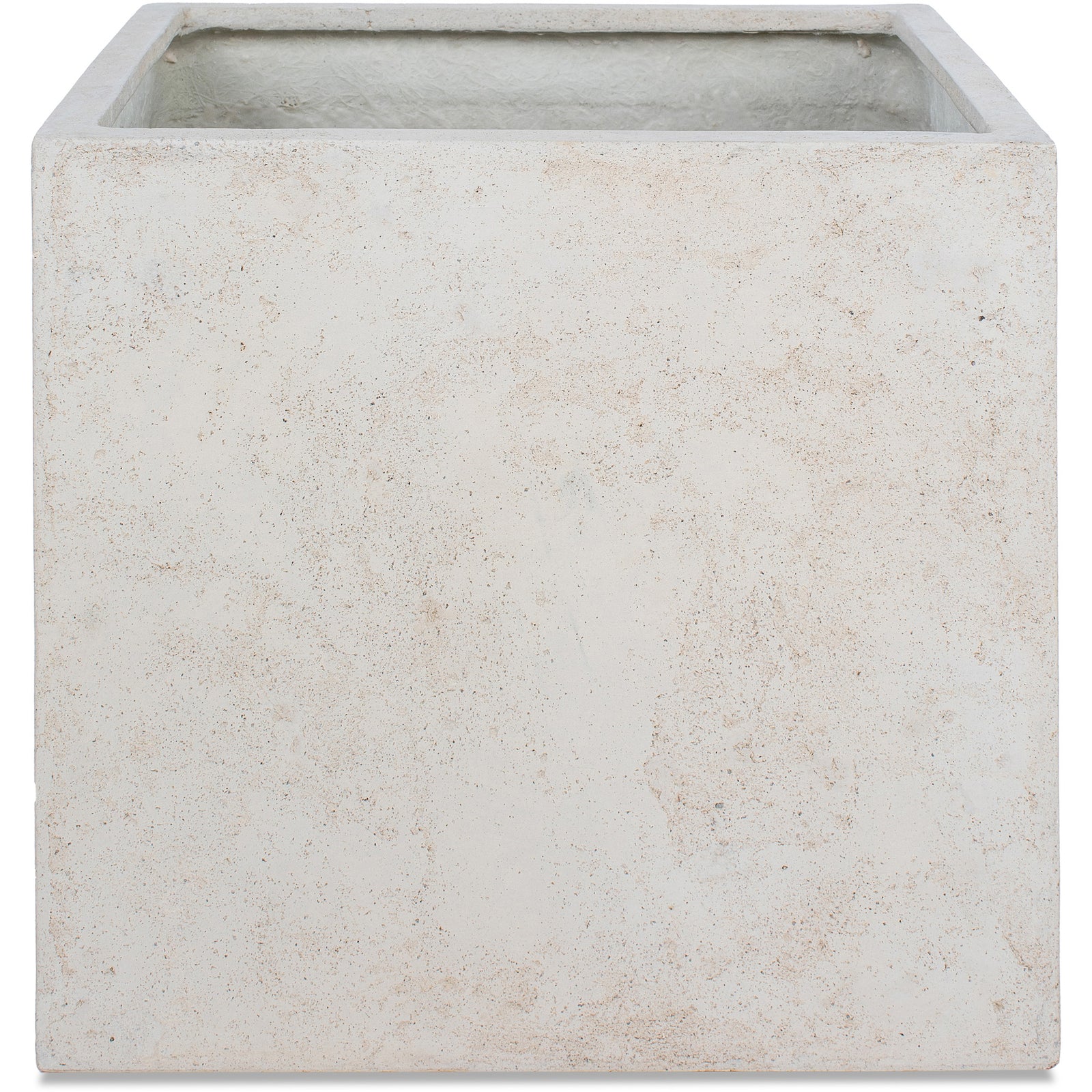 Alona Planter in light textured concrete with a square shape and open top view.