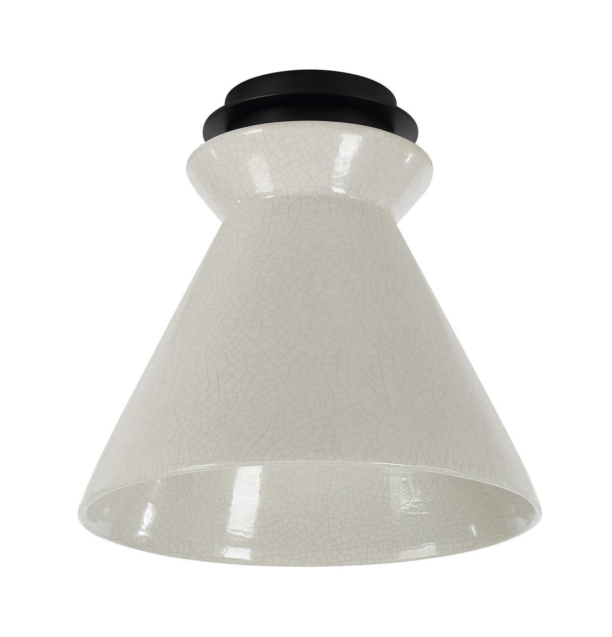 Sebastian Flush Mount light in white with a crackle finish and black base, viewed from below.
