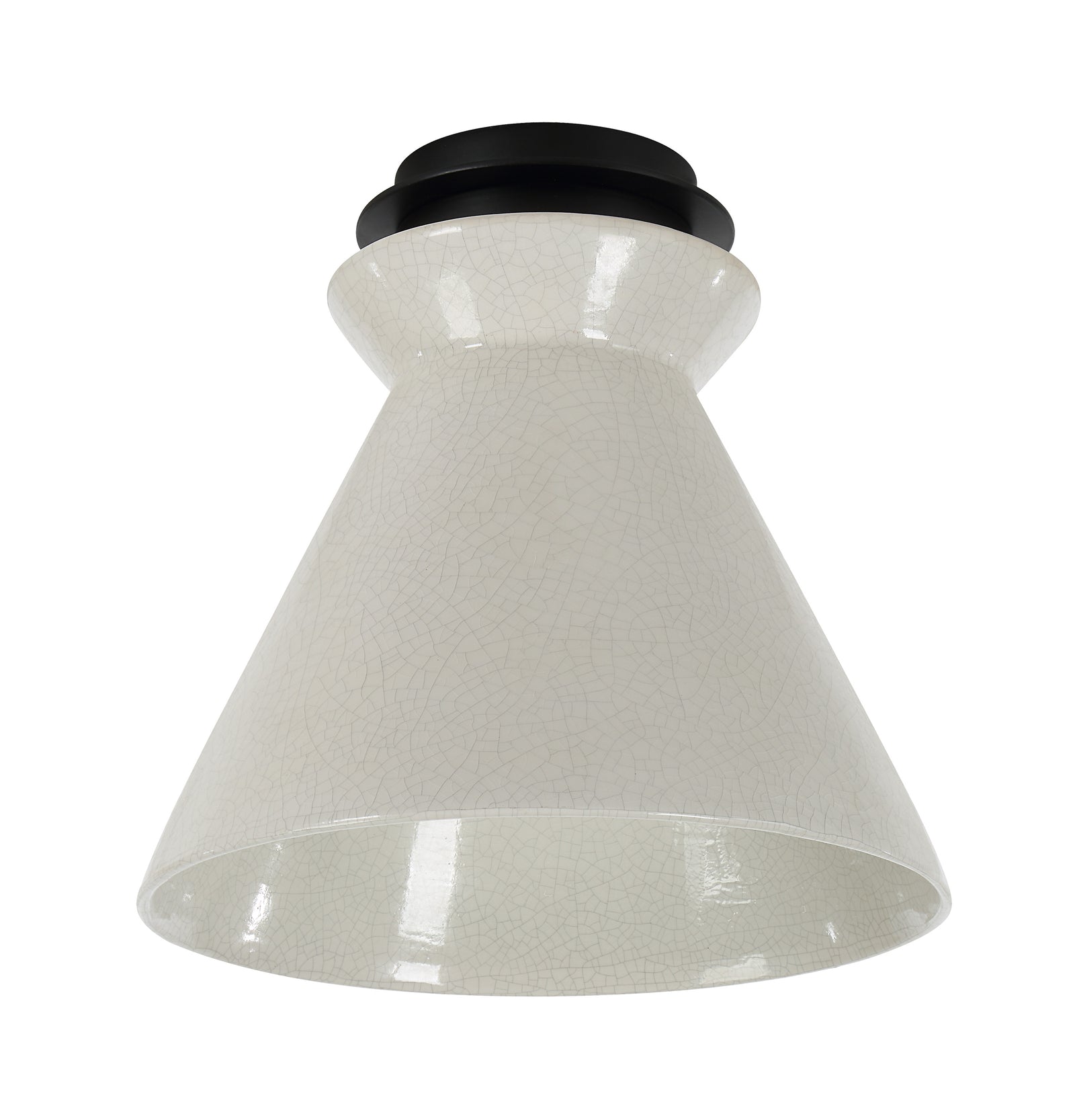 Sebastian Flush Mount light in white with a crackle finish and black base, viewed from below.