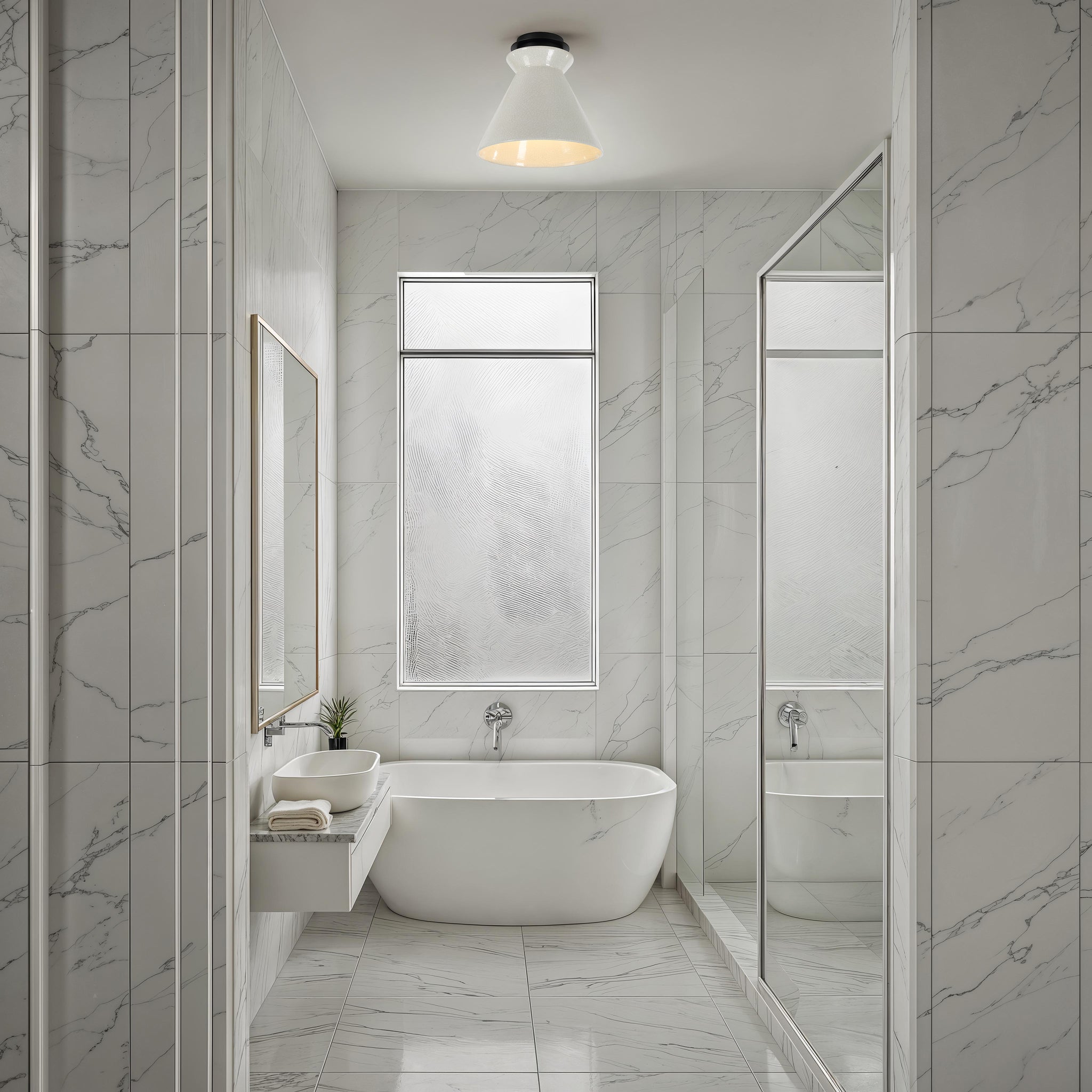 Sebastian Flush Mount light in a modern bathroom with marble walls and a freestanding tub.