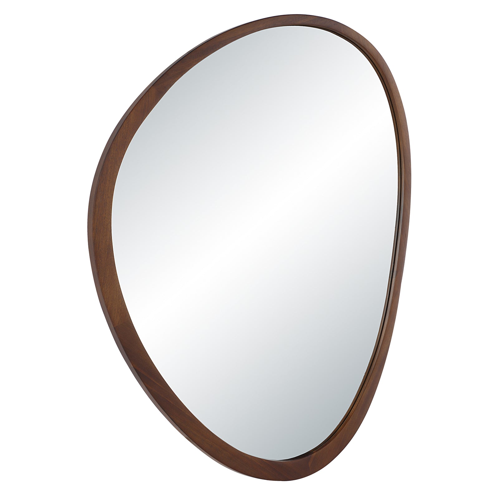 Borago mirror with a unique organic shape and dark wood frame, reflecting light.