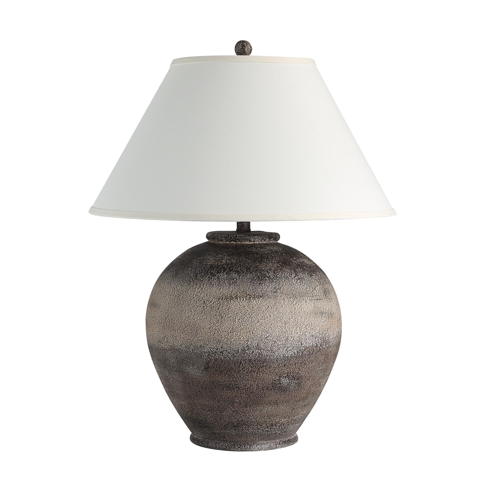 Bronce Table Lamp with a textured dark gray ceramic base and white fabric shade