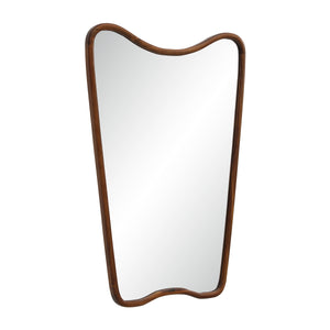 Reverie mirror featuring a wavy wooden frame, angled view showing reflective surface