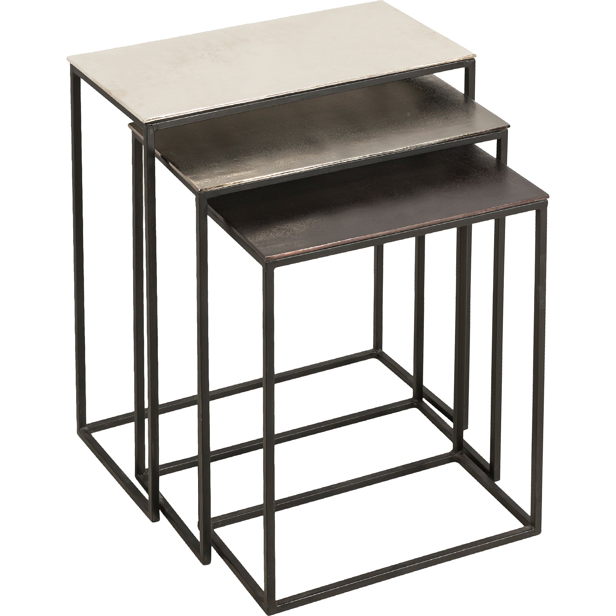 Manisa Table by Renwil, three nesting tables with metallic tops and black metal frames.