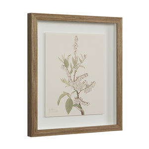 Crema canvas art displaying a floral design with white flowers in a modern wood frame.