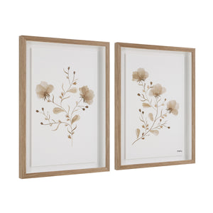 Madalena wall art showcasing two floral designs in soft beige with light wood frames.