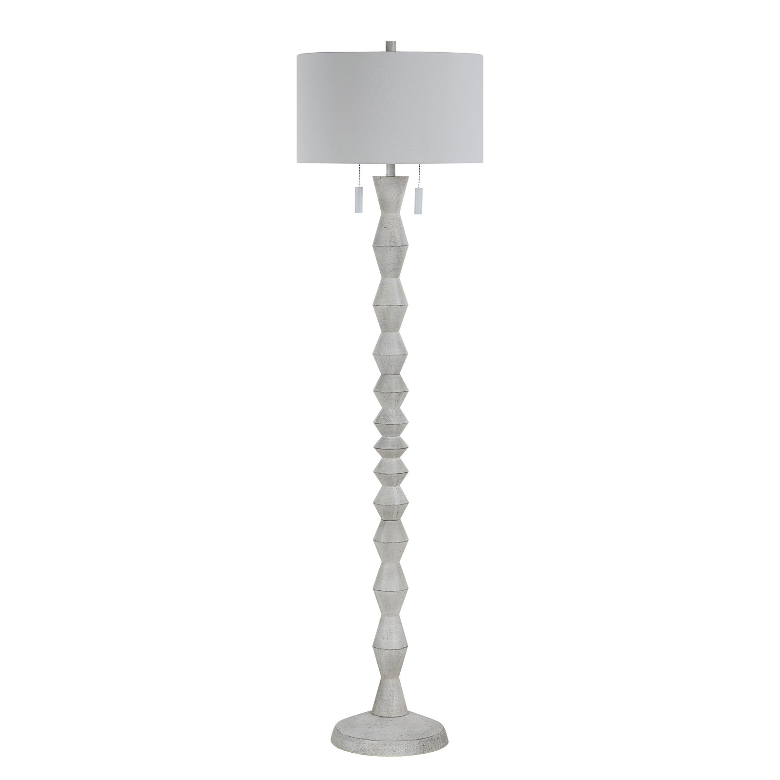 Sorriso floor lamp with a textured light gray base and white drum shade.