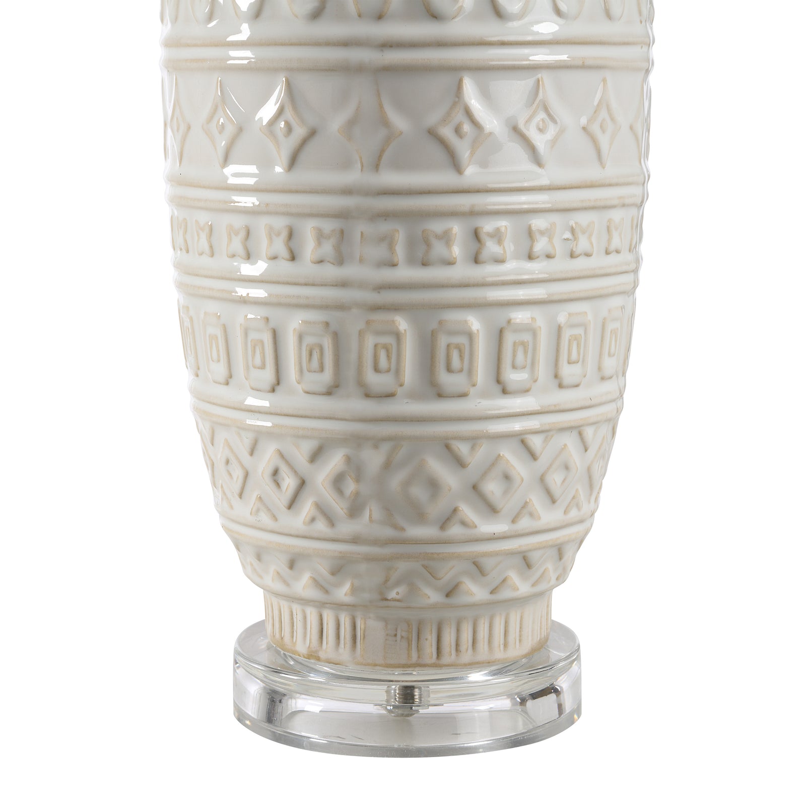 Sereno Table Lamp with textured white ceramic base and white fabric shade.