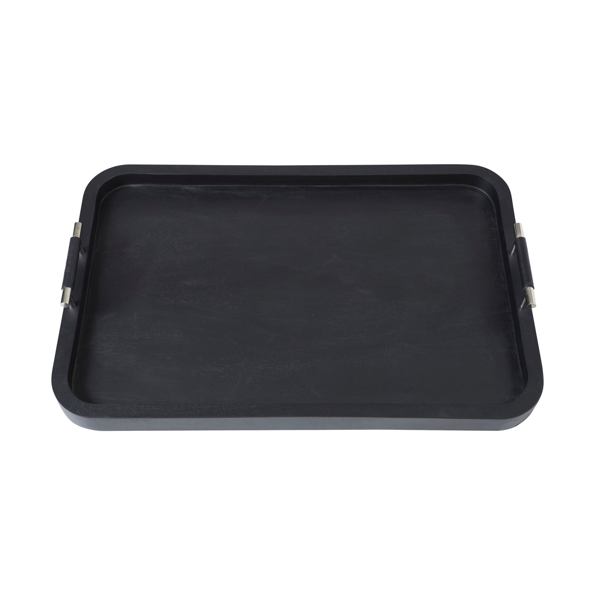 Hudson Tray by Renwil, black tray with raised edges and metal handles, top view.