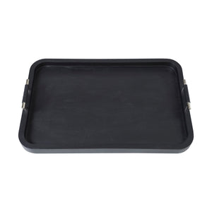 Hudson Tray by Renwil, black tray with raised edges and metal handles, top view.