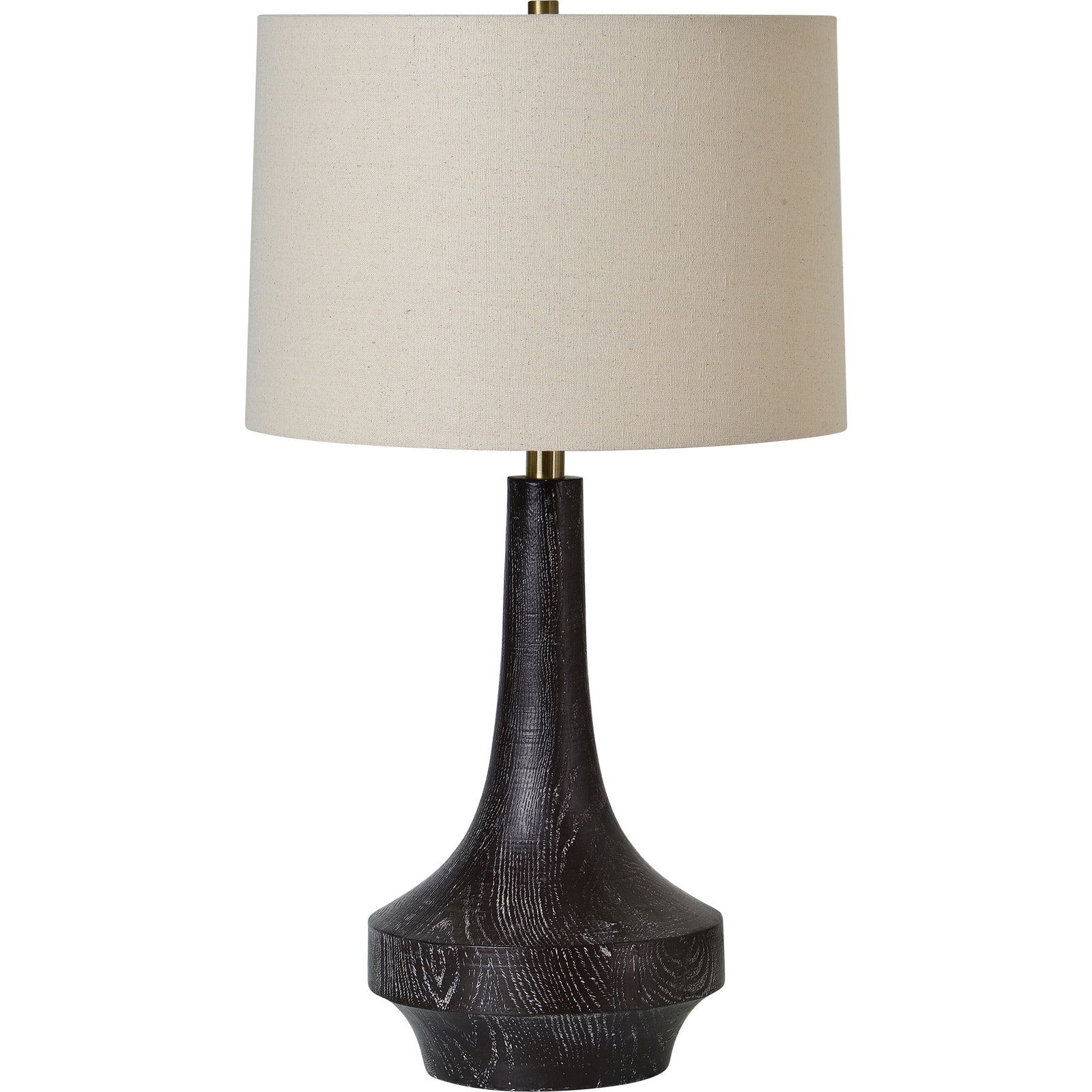 Truro Table Lamp with a black wood base and beige fabric shade, featuring a modern design.
