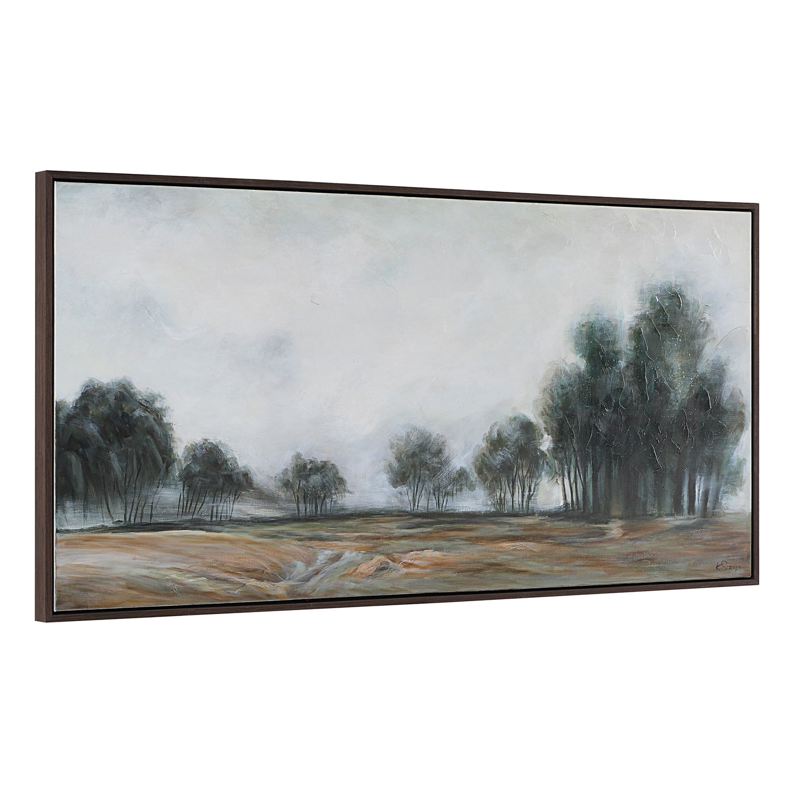 Westside canvas art featuring a serene landscape with trees and muted colors.