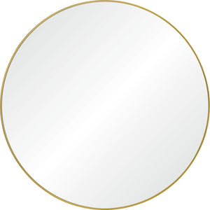 Fragoso Wall Mirror with a round shape and gold metal frame, reflecting light.