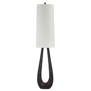Cornelia floor lamp with a white cylindrical shade and a dark wood base in a modern design.