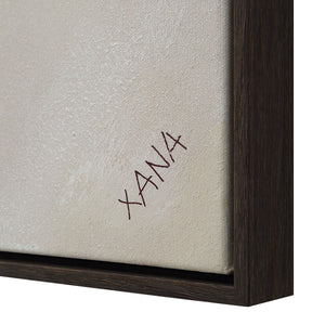 Close-up of Clary canvas art showing textured surface with signature 'XANA' in maroon