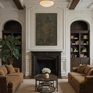 Beatrix canvas art displayed in a stylish living room, above a fireplace with brown sofas and bookshelves.