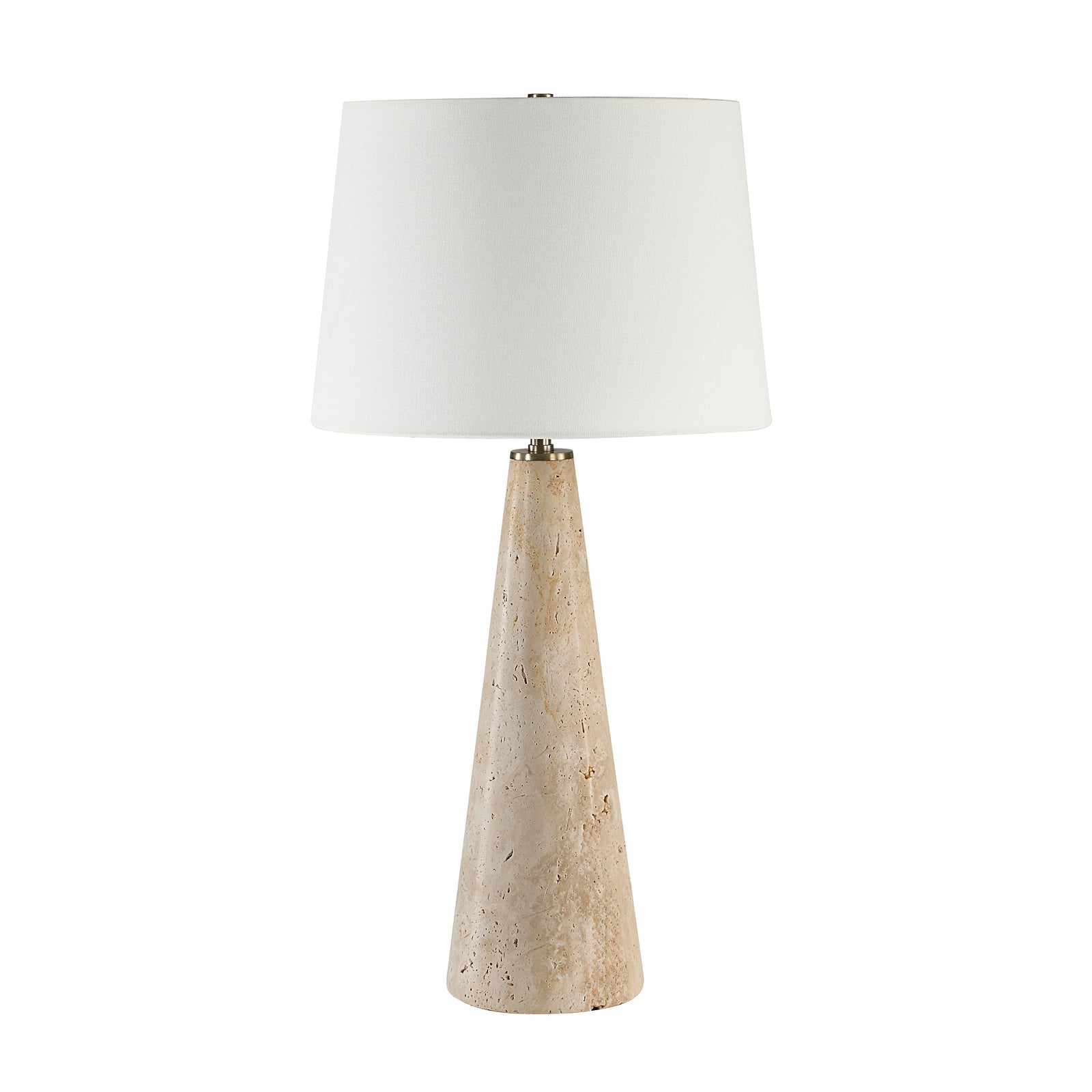 Almeria table lamp with a beige stone base and white fabric shade, showcasing a modern design.