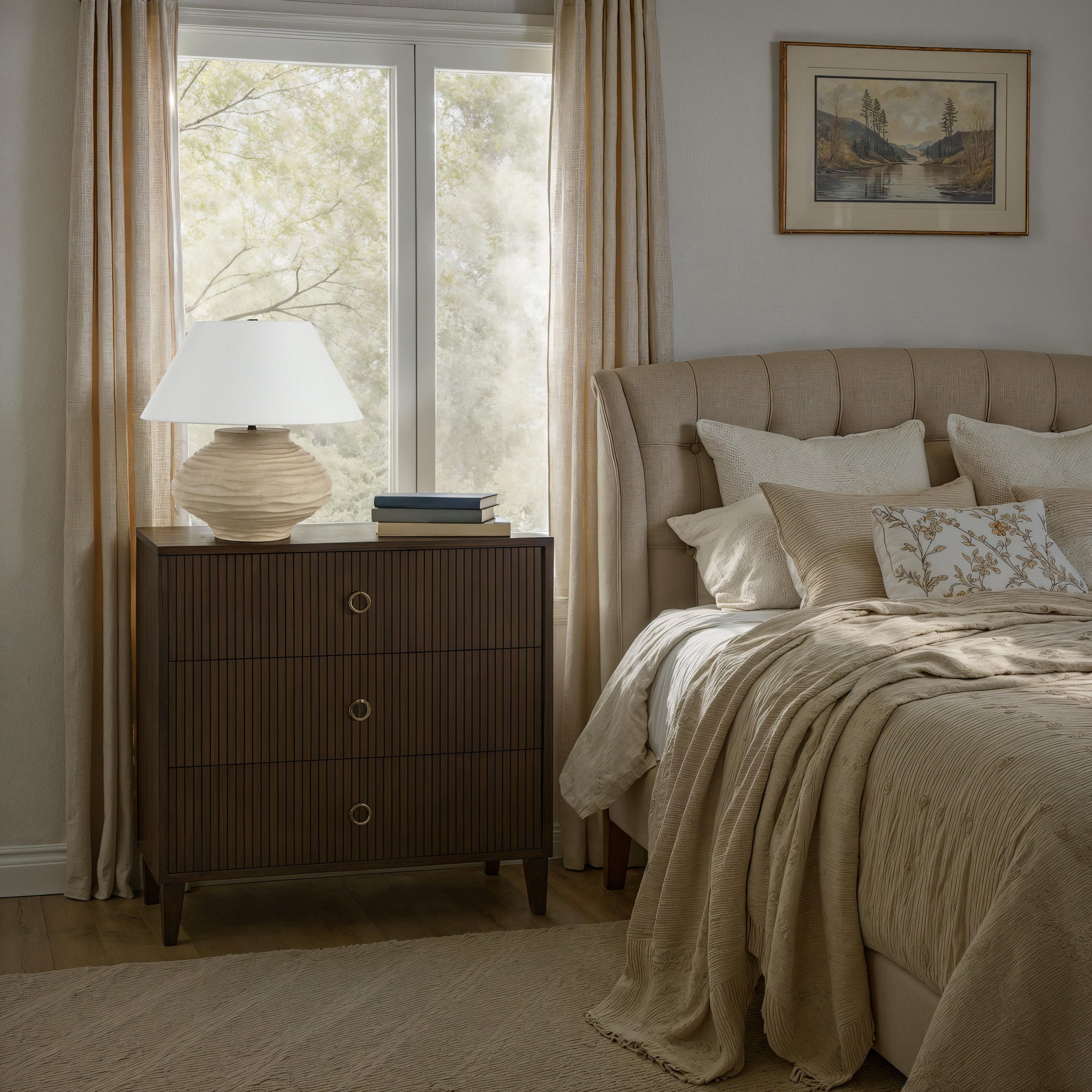 Ola table lamp by Renwil on a nightstand in a cozy bedroom setting