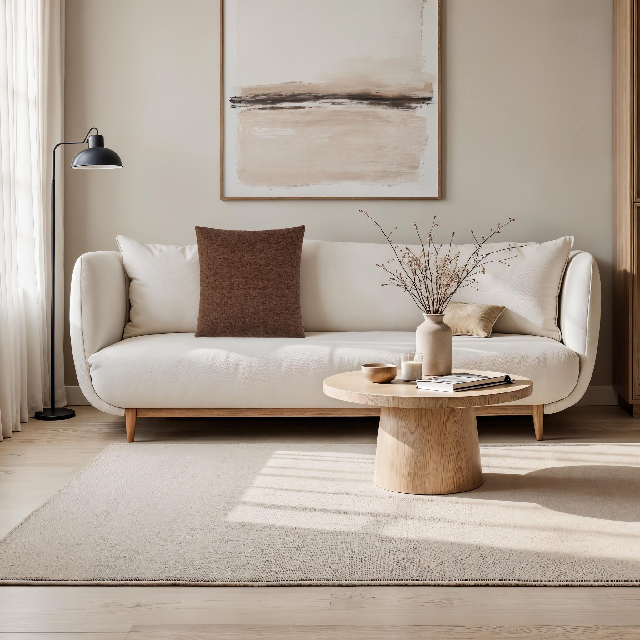Ferro pillow in brown on a modern white sofa with a minimalist decor.