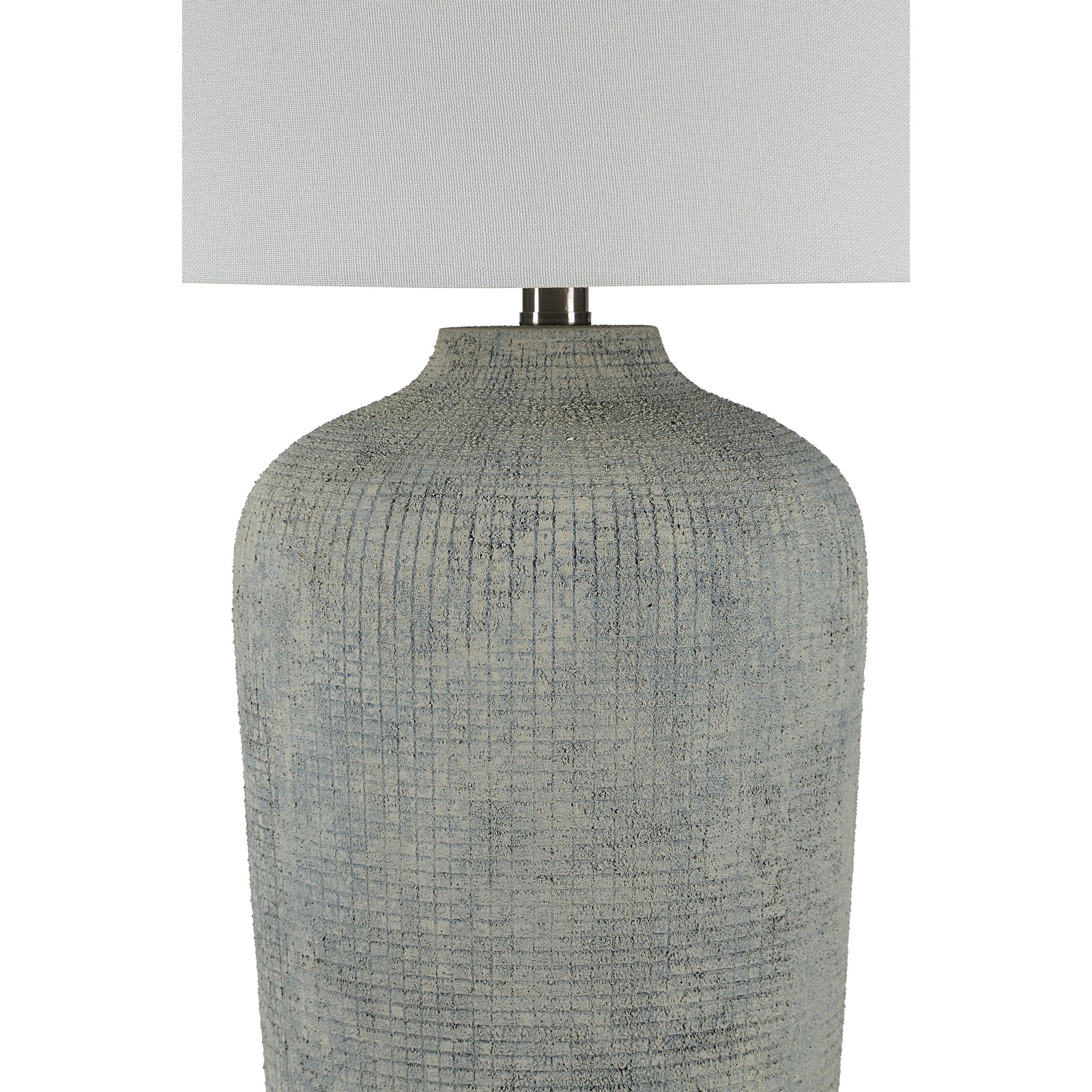 Aurelle table lamp with a textured gray ceramic base and a white fabric shade.