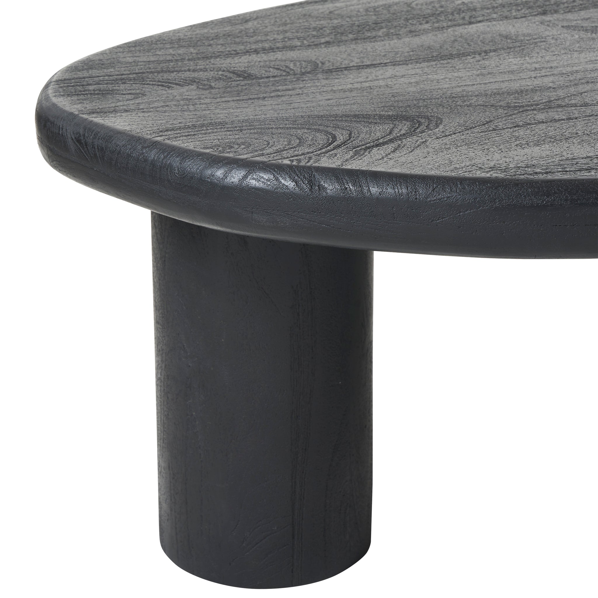 Detail view of Rowe table showing the black cylindrical leg and smooth top