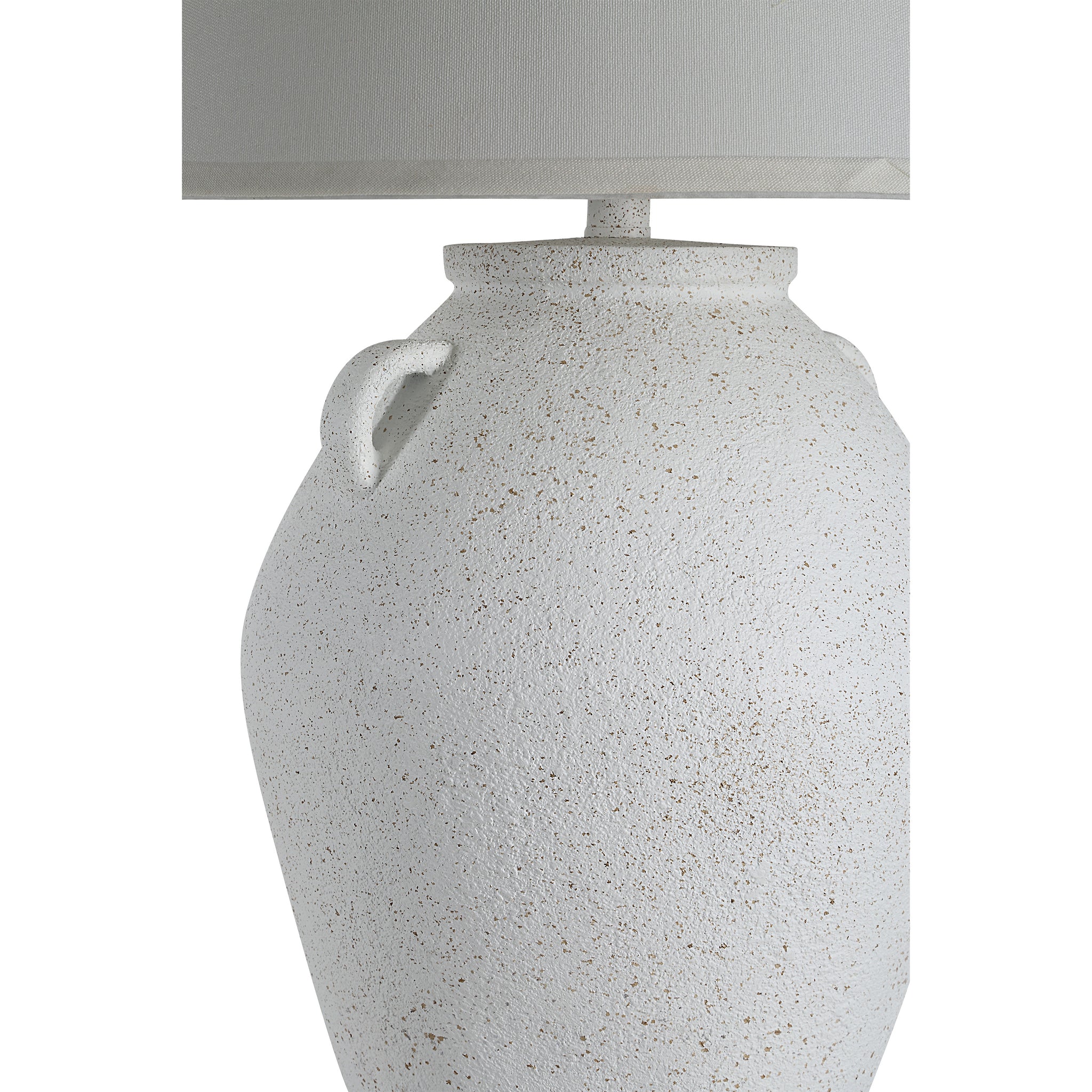 Close-up of Aloria table lamp showing the textured white ceramic base and gray shade