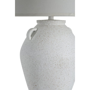 Close-up of Aloria table lamp showing the textured white ceramic base and gray shade