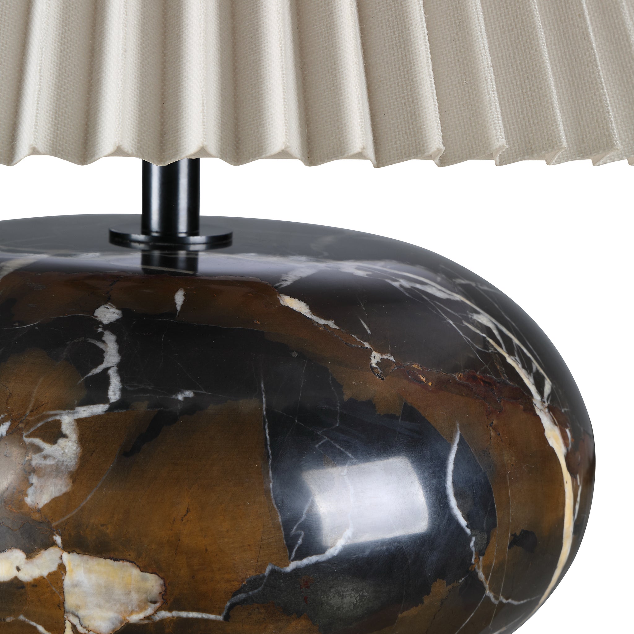 Close-up of Noto Brown table lamp showing the cream shade and dark marble base details.