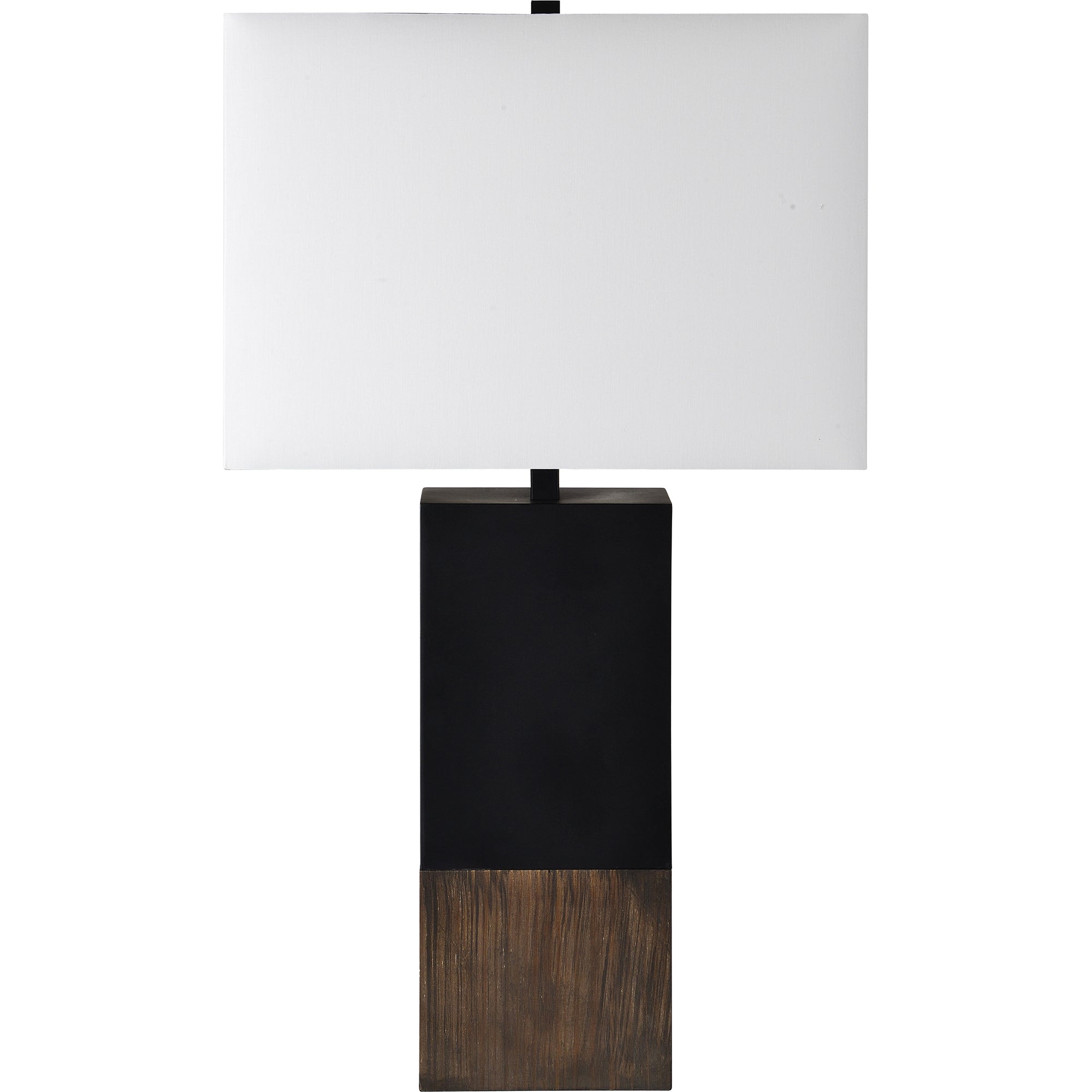 Broma Table Lamp with a black base and wooden lower section, topped with a white rectangular shade.