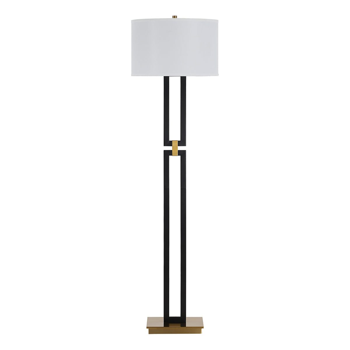 Theo Floor Lamp with a white drum shade, black metal base, and gold accent.