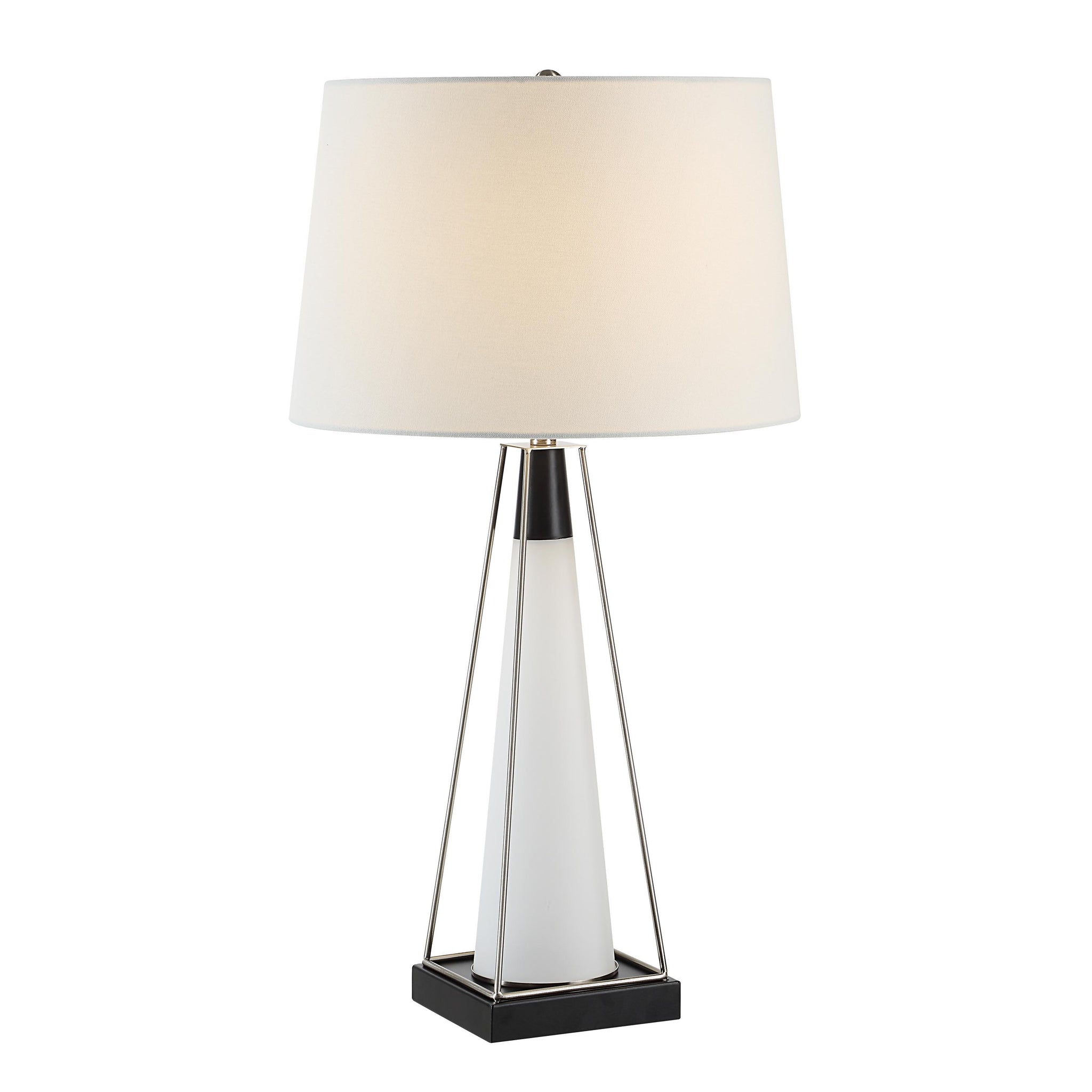 Navagio table lamp featuring a white conical base, black accents, and a cream fabric shade in a modern design.