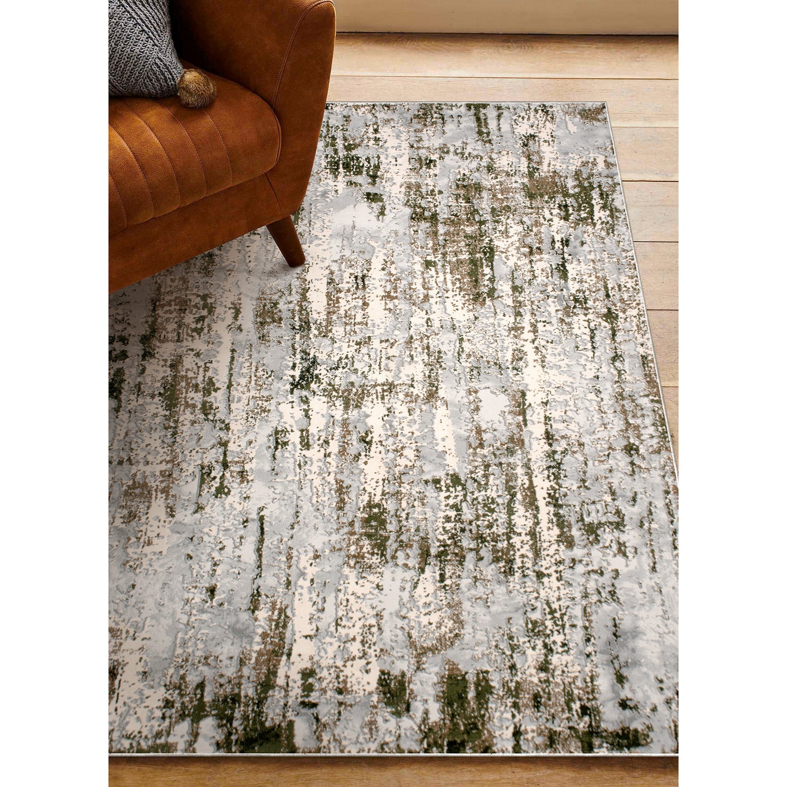 Ariella Indoor Rug featuring a textured pattern in gray, green, and beige tones.
