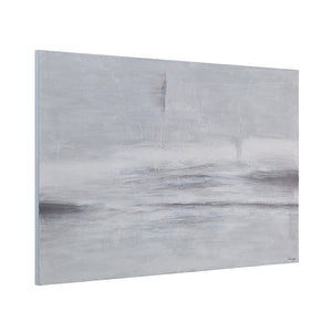 Benalla Canvas Art displayed at an angle, showcasing soft gray hues and layered textures.