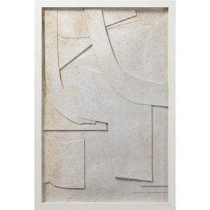 Pathfinder wall art featuring abstract white shapes with a textured surface and gold accents.