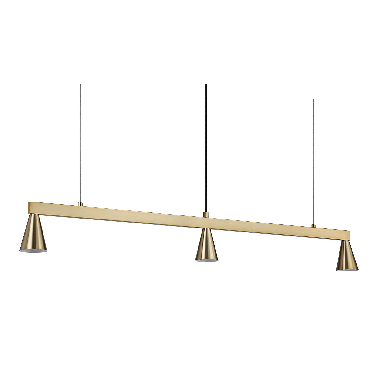 Linea Ceiling Fixture in gold with three cone-shaped lights and black suspension wires