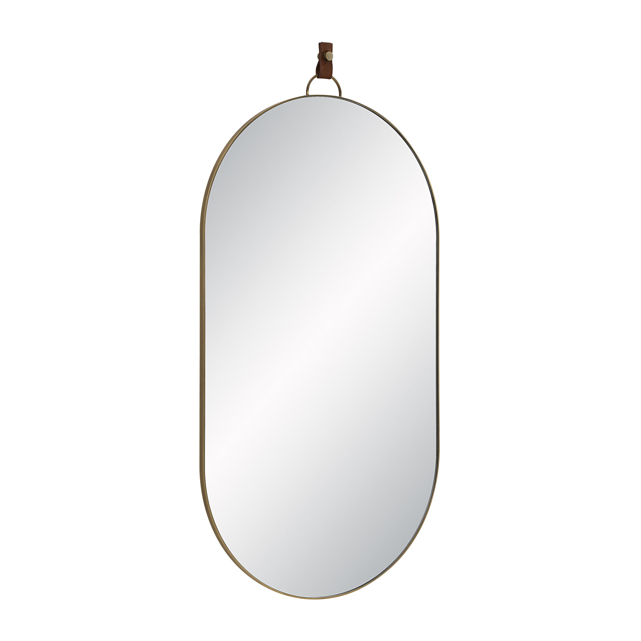 Hudson mirror by Renwil, oval design with a leather strap, gold metal border.