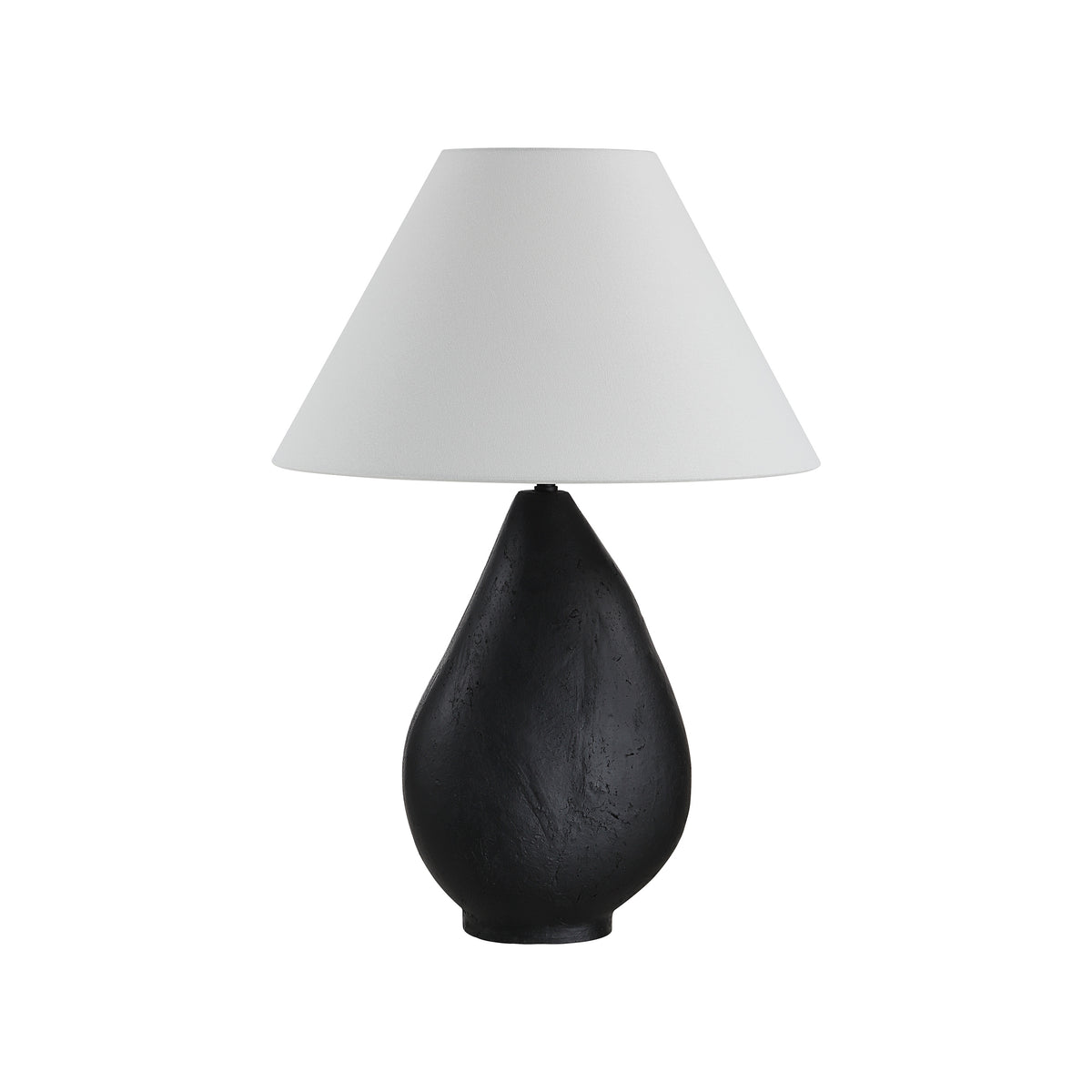 Sotiria Table Lamp with a black textured base and white cone-shaped shade