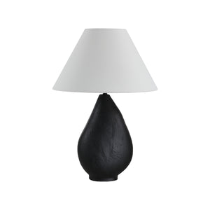 Sotiria Table Lamp with a black textured base and white cone-shaped shade