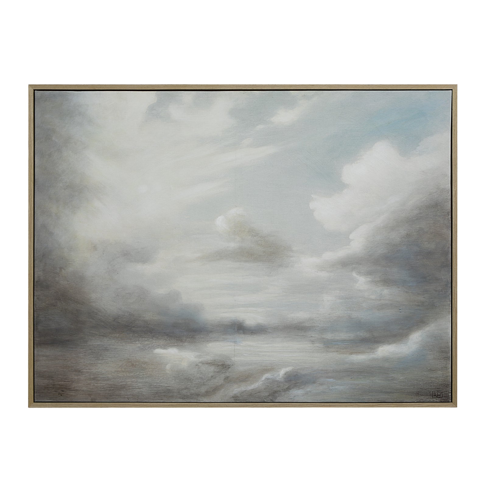 Anse canvas art featuring soft gray and blue clouds, framed in gold.