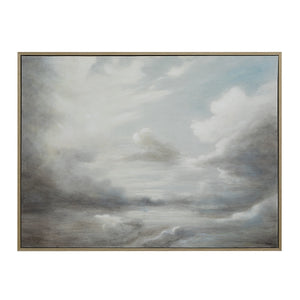 Anse canvas art featuring soft gray and blue clouds, framed in gold.