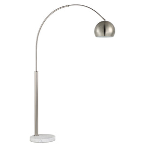 Aglow floor lamp with a sleek curved design, metallic shade, and marble base.