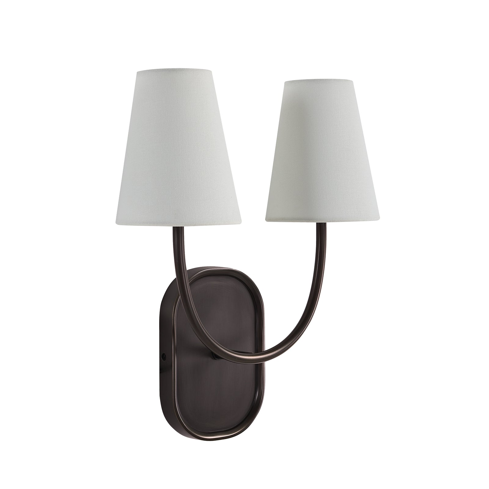Megara wall sconce with two white fabric shades and a dark bronze base