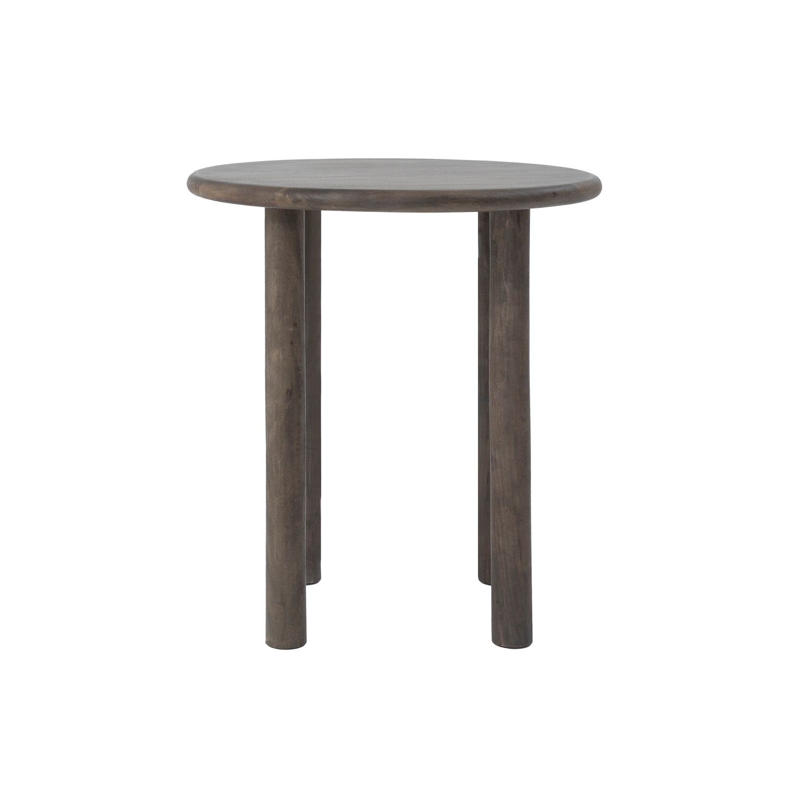 Cetus accent table with a round top and four cylindrical legs in a dark wood finish.