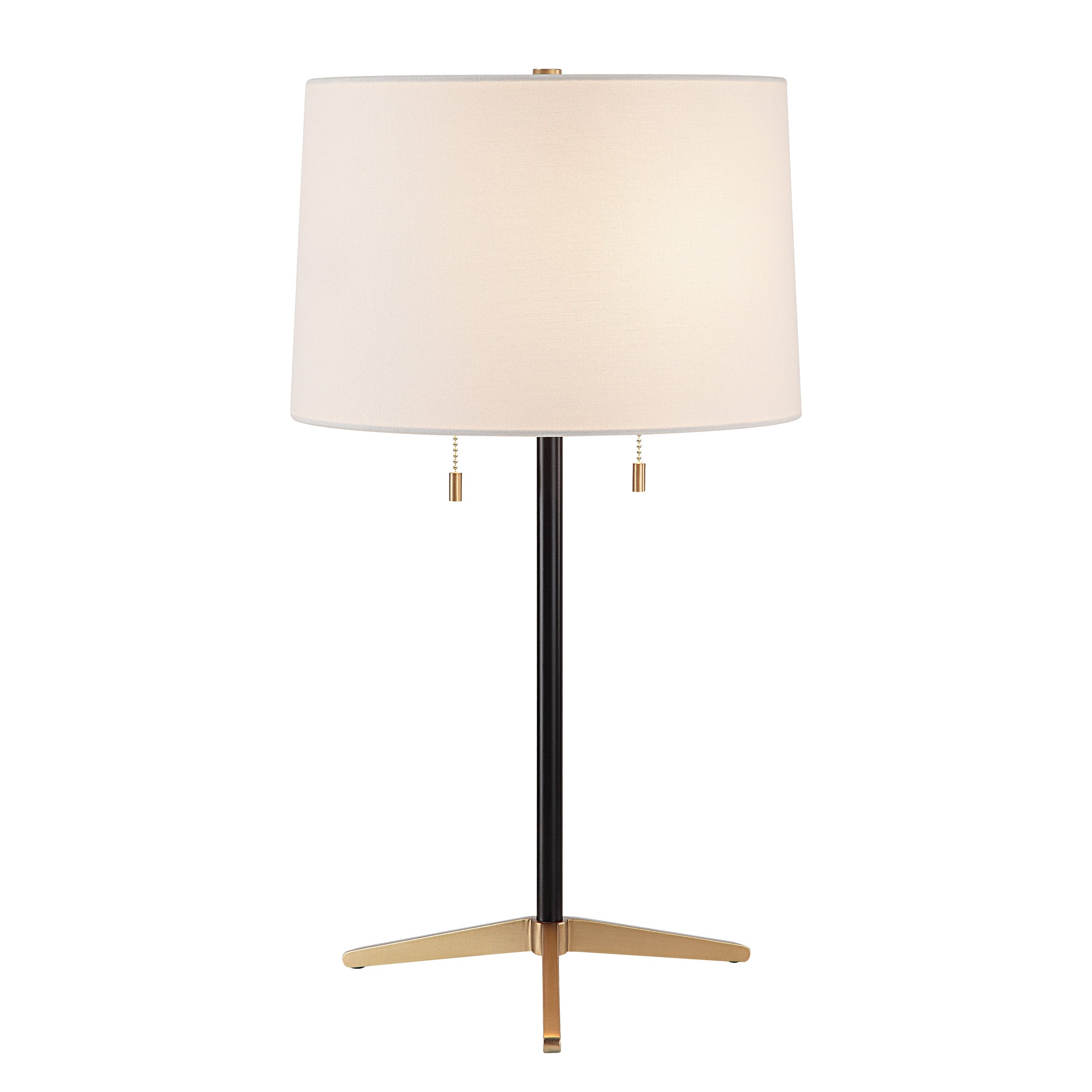 Orono Table Lamp featuring a lit white shade and gold pull chains