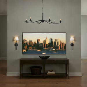 Panorama canvas art displayed in a stylish living room with a chandelier and wall sconces.