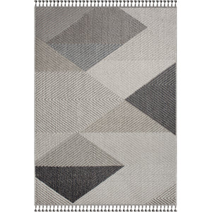 Meghan rug featuring a geometric pattern in shades of gray and beige, with textured detailing and decorative tassels.