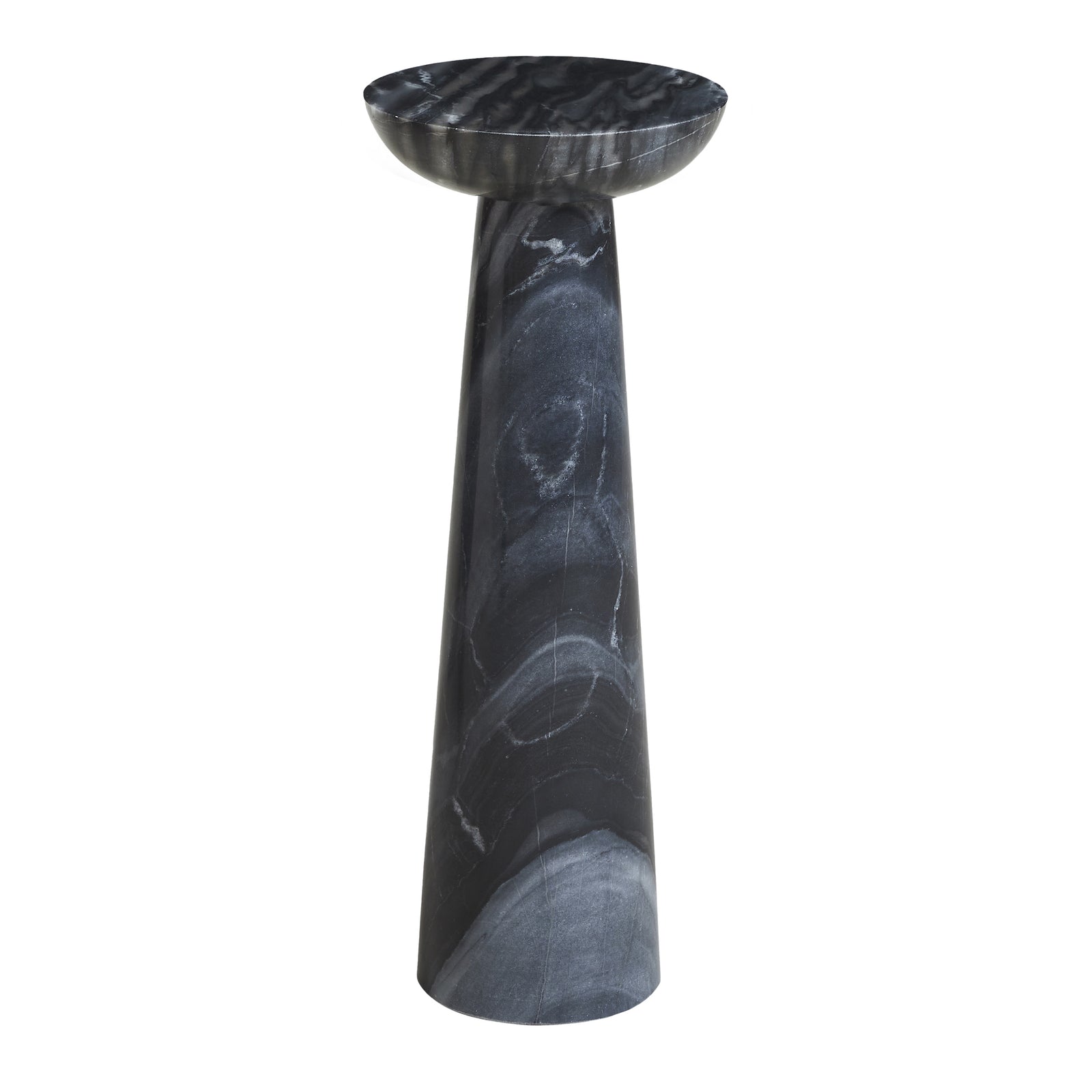Mercura side table in black marble with a smooth, round top and tapered base.